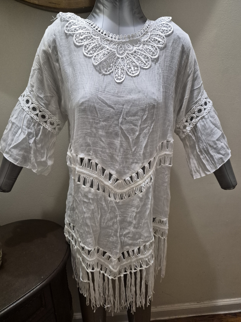 White Crochet-Trim Boho Tunic Top